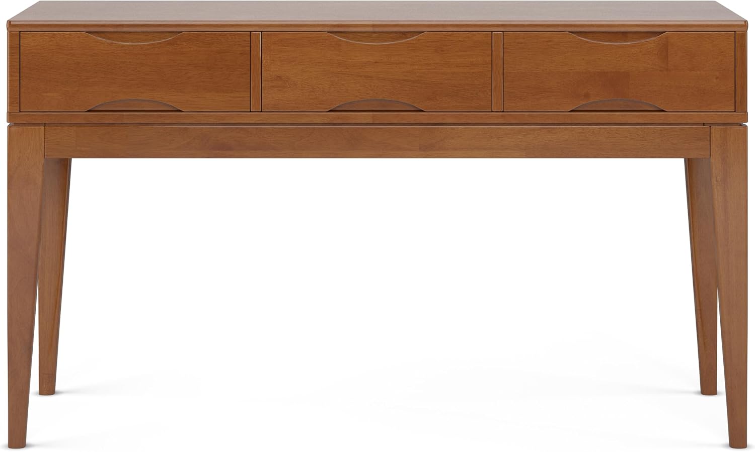 SIMPLIHOME Harper Console Table - 54 Inch Wide Solid Hardwood Sofa Table in Teak Brown, Mid-Century Modern Storage Table for Entryway or Living Room with 3 Drawers, Notched Handles, and Tapered Legs