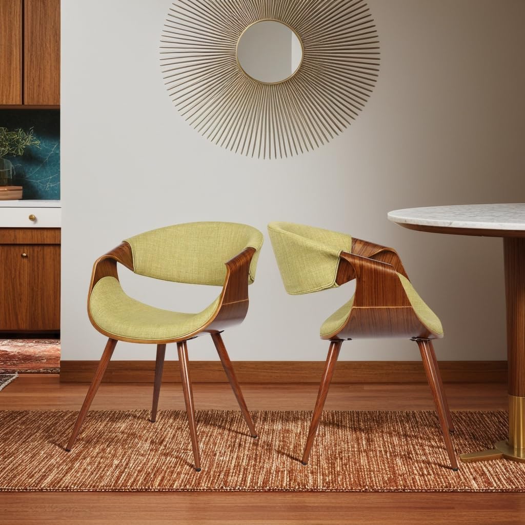Armen Living Butterfly Mid-Century Dining Chair in Walnut Finish and Green Fabric