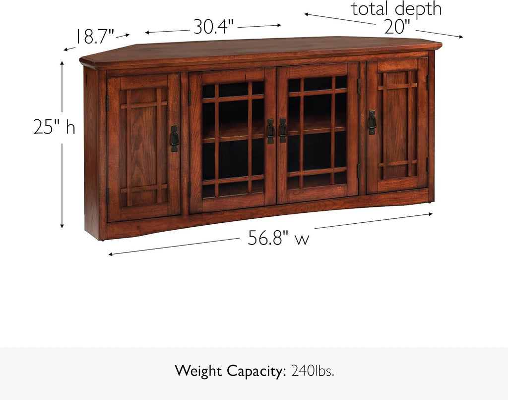 Leick Home 60 in Corner TV Stand, Solid Wood, Adjustable Shelves, Easy Assembly, Mission Style, Blackened Hardware, Medium Oak, 56 in W x 20 in D x 25 in H, 82386