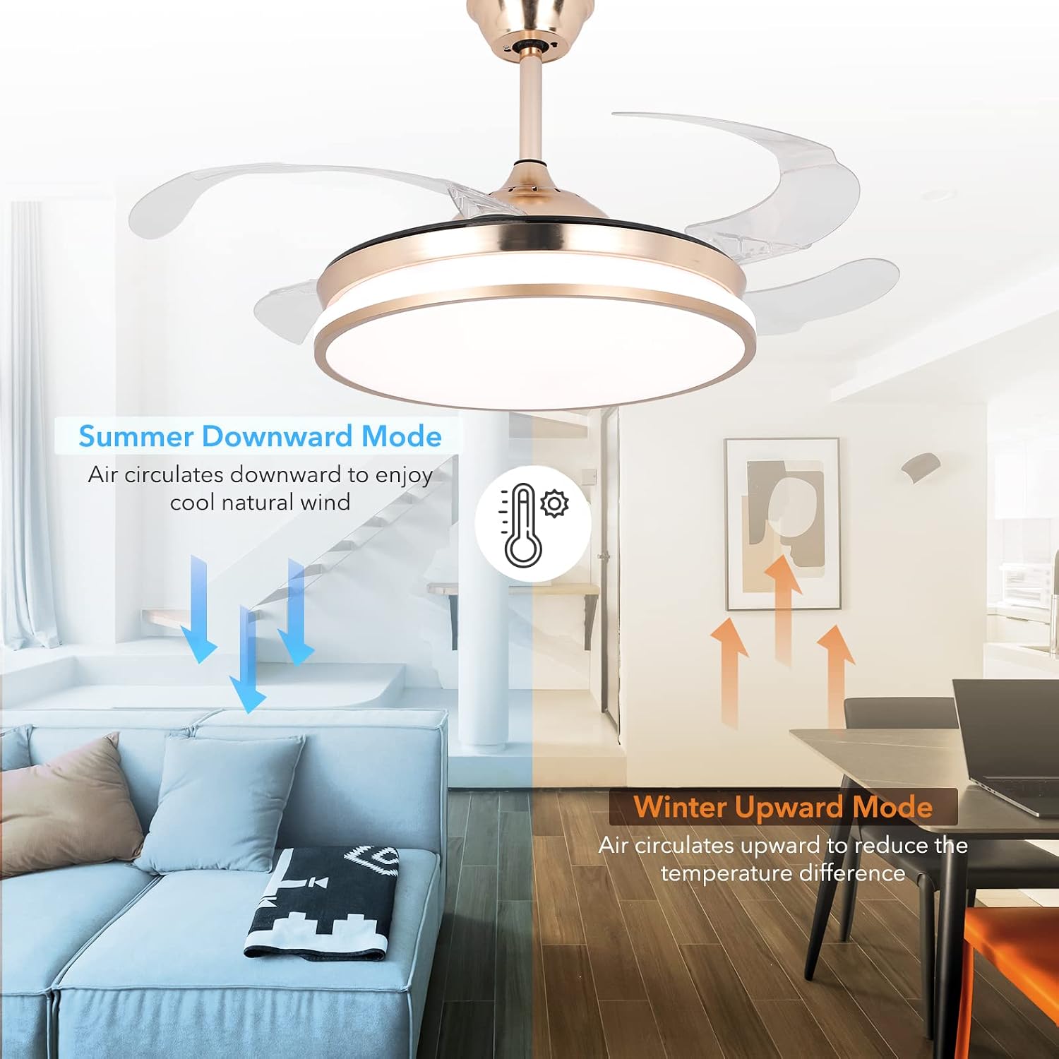 STERREN Retractable Gold Ceiling Fan with Lights, 42 inch Modern Low Profile Bladeless LED Ceiling Fan for Bedroom Living Room