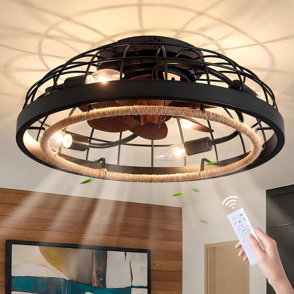 20' Boho Black Caged Ceiling Fan with Lights and Remote, Rustic Flush Mount Bladeless Ceiling Fan Low Profile, Small Farmhouse Hand Woven Rattan Ceiling Fan for Bedroom, Kitchen, Indoor