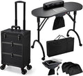 Faquenc Rolling Makeup Train Case With 2 Extra Large Drawers, Nail Organizer, Foldable Table With Electric Dust Collector, Manicure Desk for Mobile Stylists, Artist Salon Cart Trunk - Black