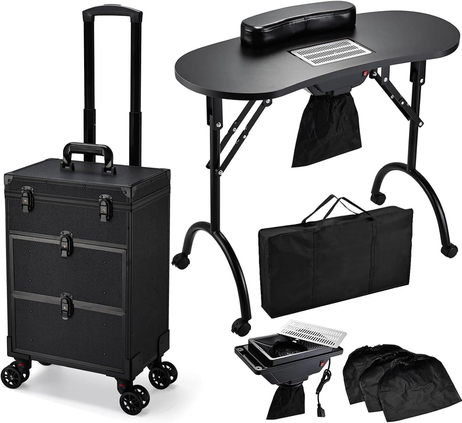 Faquenc Rolling Makeup Train Case With 2 Extra Large Drawers, Nail Organizer, Foldable Table With Electric Dust Collector, Manicure Desk for Mobile Stylists, Artist Salon Cart Trunk - Black