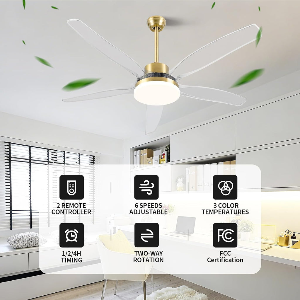 OKELI Clear Ceiling Fan with Light, 58 Inch Gold Transparent Ceiling Fans with Light and Remote 3 Reversible Blade LED Ceiling Fan and Light Combo for Living Room, Bedroom, Patio