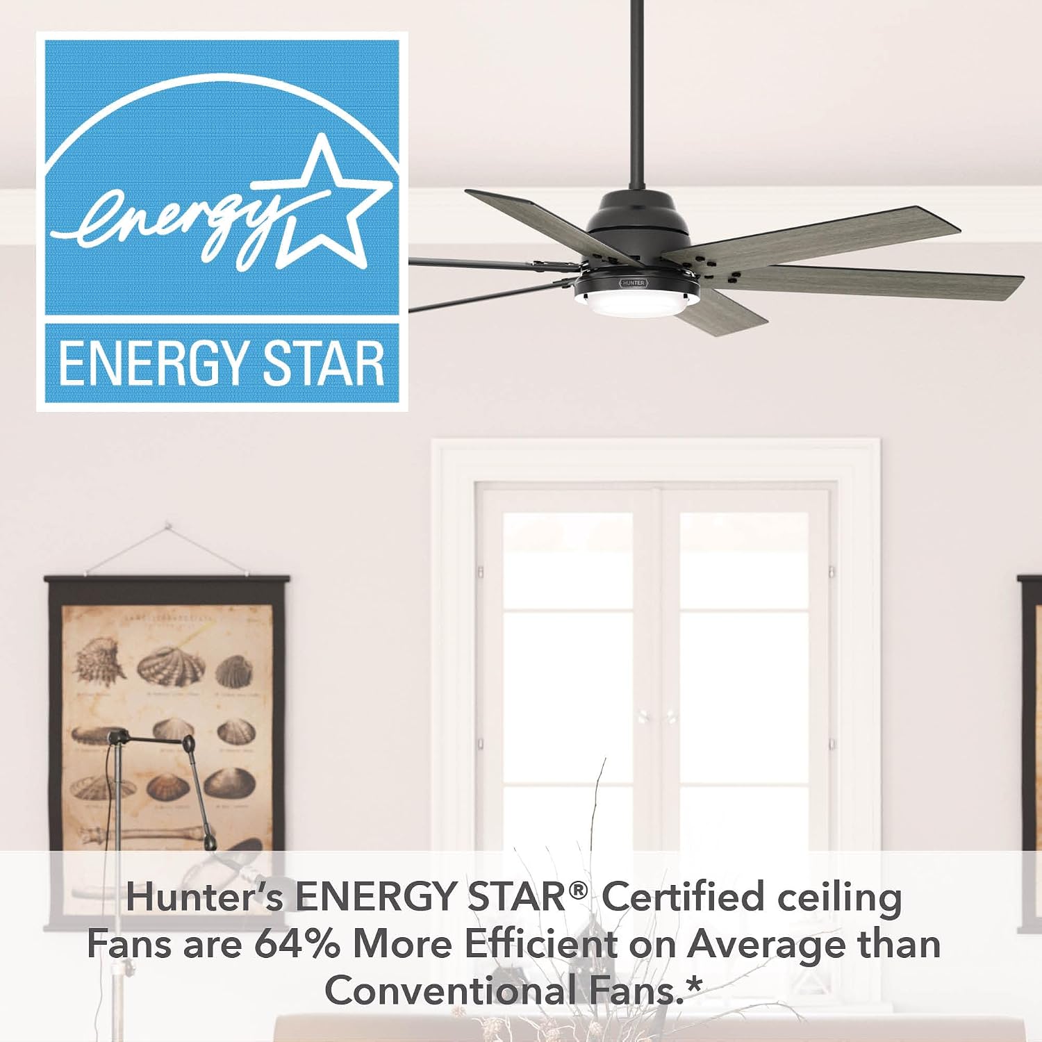 Hunter 60 inch Indoor Ceiling Fan with LED Light and Remote Control - Black Smart Ceiling Fan, Standard Mount, 6 Blades, For Bedroom or Living Room, Quiet - Gravity 51951, Matte Black