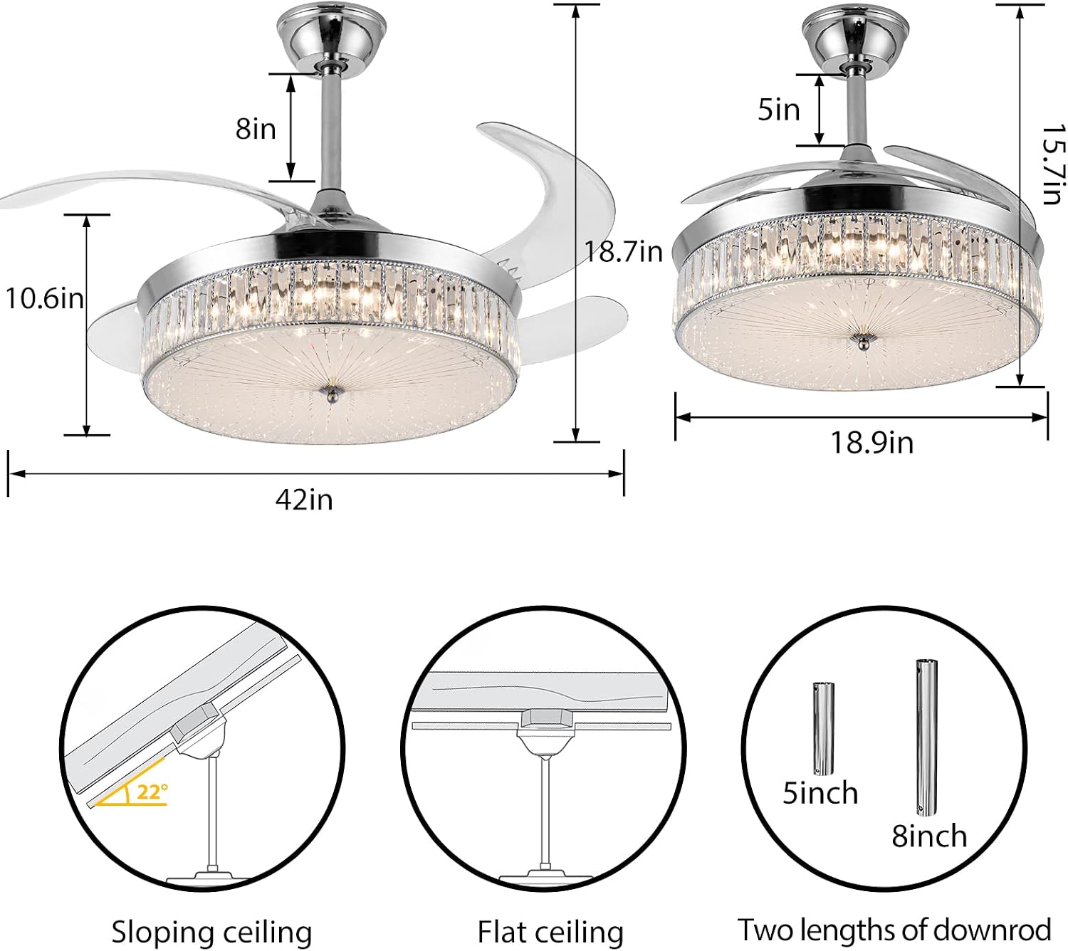 Bavnnro Crystal Ceiling Fans with Lights,42 Inch LED 3 Color Remote Control Retractable Invisible Blades 3 Speeds Indoor Ceiling Light Kits with Fans for Decorate Living Room Bedroom