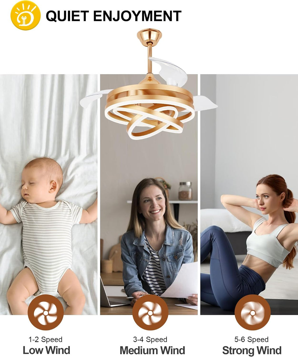 Dawn Whisper 42 Inch Retractable Ceiling Fans Modern Gold Chandelier Ceiling Fans with Lights for Bedroom Living Room Quite DC Motor 6 Speeds 3 Color Dimmable LED Light