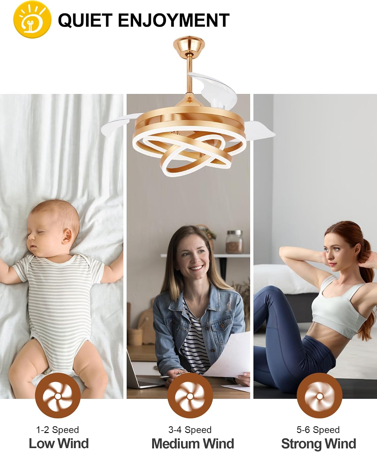 Dawn Whisper 42 Inch Retractable Ceiling Fans Modern Gold Chandelier Ceiling Fans with Lights for Bedroom Living Room Quite DC Motor 6 Speeds 3 Color Dimmable LED Light