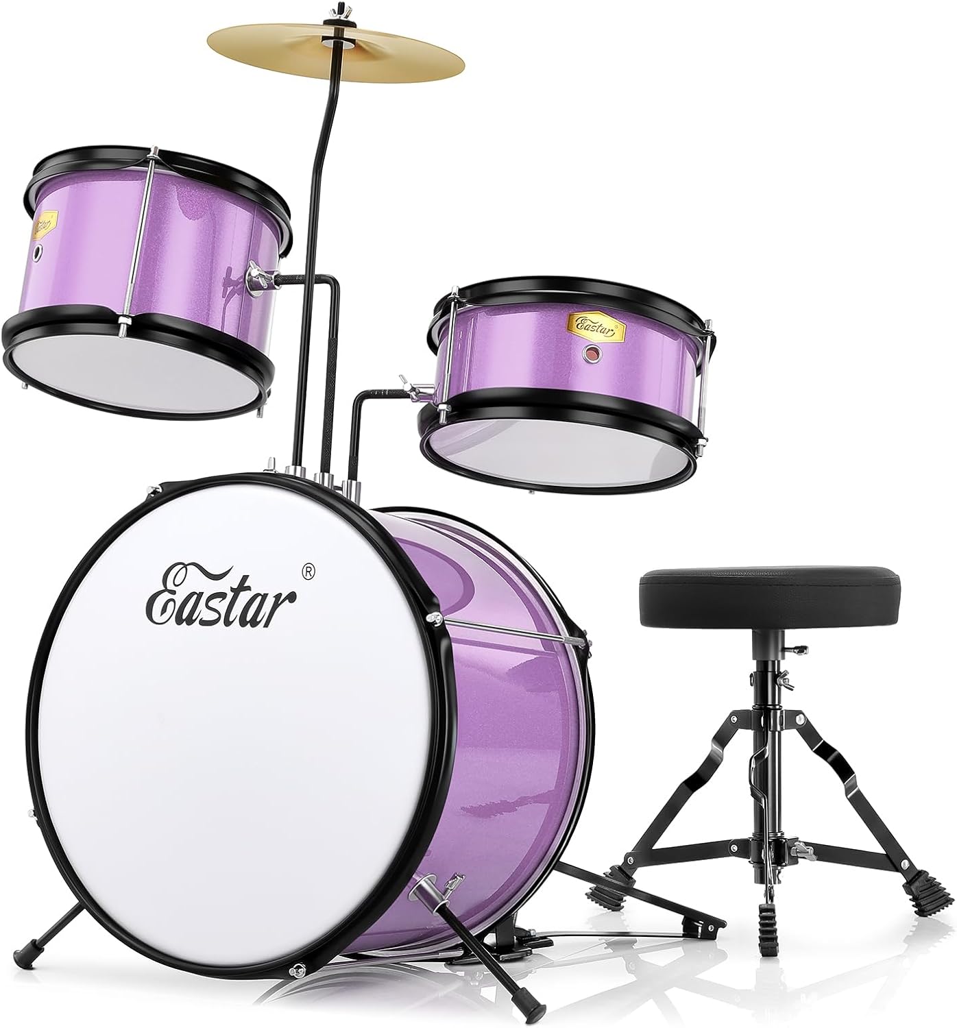 Eastar Drum Set 14 inch for Beginners,3 Piece Junior Drum Kit with Bass Tom Snare Drum,Adjustable Throne, Cymbal, Pedal & Two Pairs of Drumsticks, Metallic Purple