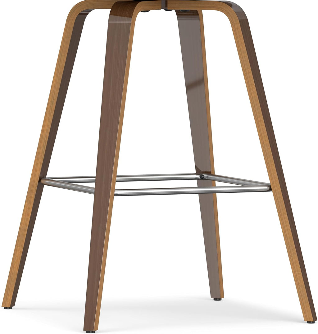 SIMPLIHOME Randolph Counter Stools (Set of 2) - 28 Inch Seat Height Upholstered Bentwood Kitchen Seats in Deep Tan Vegan Faux Leather, Mid Century Modern Seating with Curved Backrest and Footrest