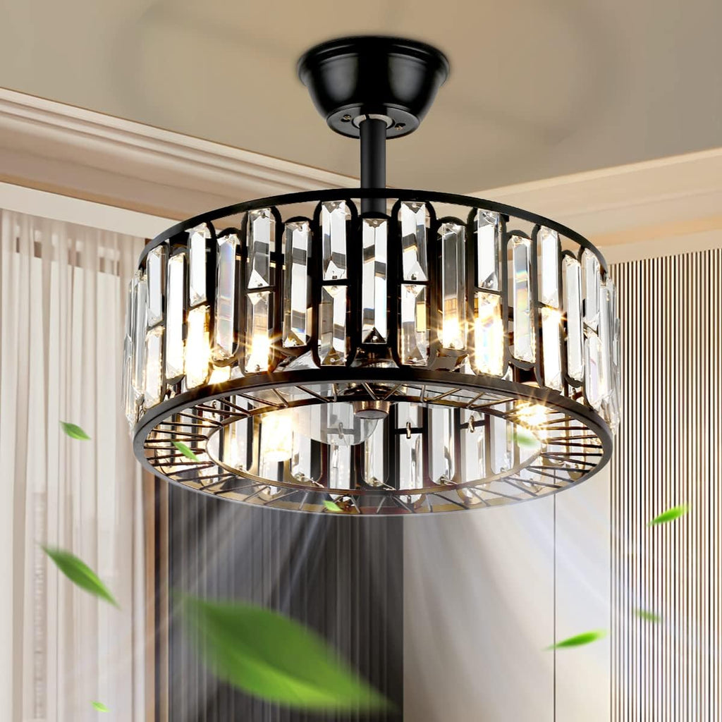 18' Modern Enclosed Bladeless Ceiling Fan with Light and Remote, Industrial Black Caged Fandelier 3 Speeds Timer Crystal Chandelier Fan for Farmhouse Kitchen Island
