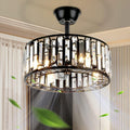 18' Modern Enclosed Bladeless Ceiling Fan with Light and Remote, Industrial Black Caged Fandelier 3 Speeds Timer Crystal Chandelier Fan for Farmhouse Kitchen Island
