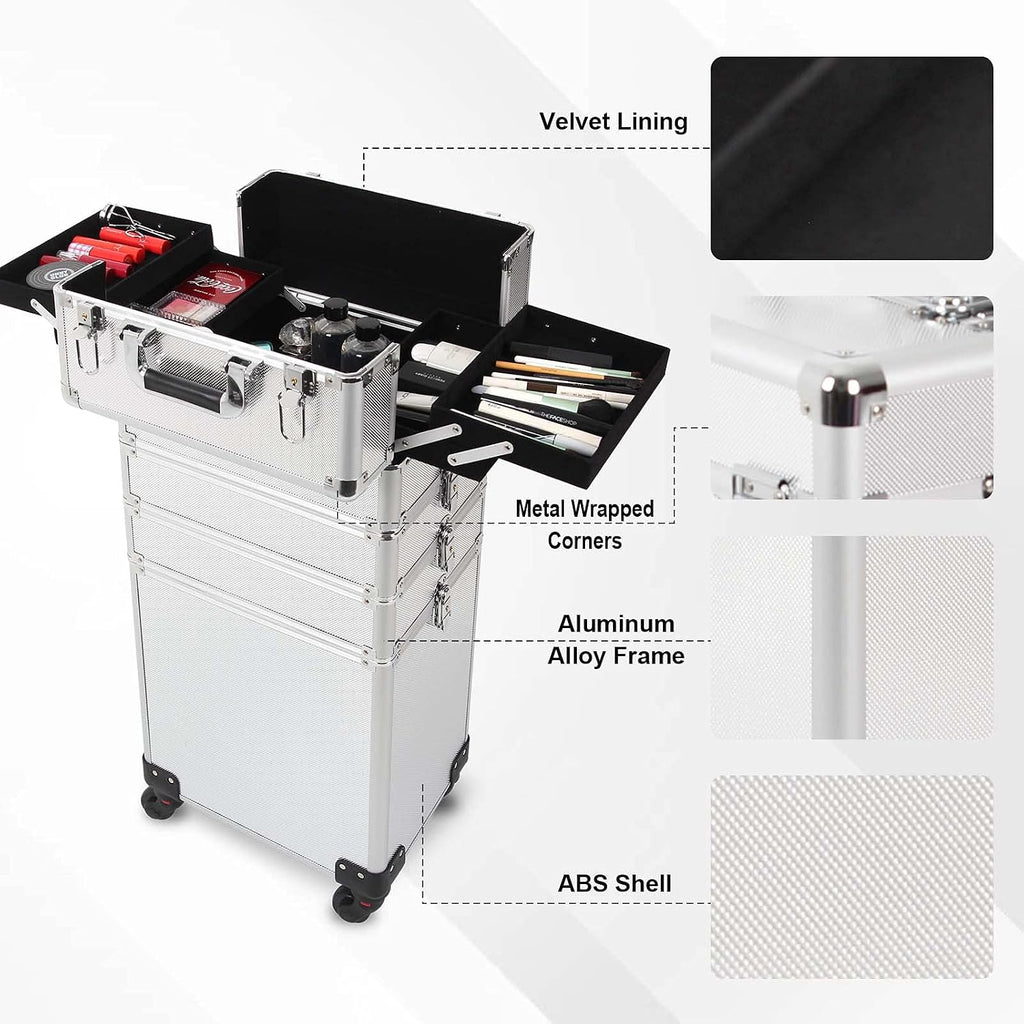 4 in 1 Rolling Makeup Train Case, Large Storage Cosmetic Trolley Makeup Travel Case with Key & Wheels Salon Barber Case Traveling Cart Trunk (SILVER)