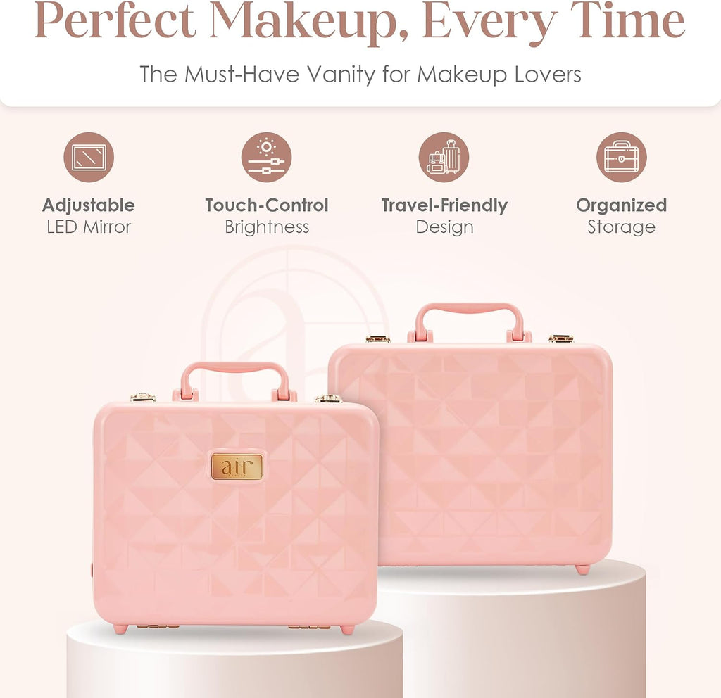 Air Makeup Beauty Box - Make up Bag with LED Lighted Mirror, Professional Mini/Large Cosmetic bag Organizer - Portable Vanity & Makeup Case for Travel (Beauty Box, Blush Pink)
