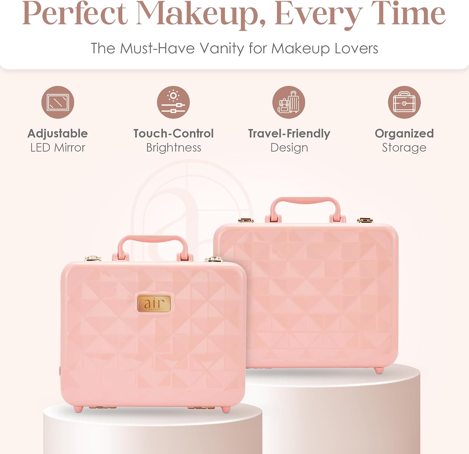 Air Makeup Beauty Box - Make up Bag with LED Lighted Mirror, Professional Mini/Large Cosmetic bag Organizer - Portable Vanity & Makeup Case for Travel (Beauty Box, Blush Pink)