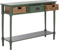 SAFAVIEH Home Collection - Christa Entryway Console Table, Dusty Green Solid Wood 3-Drawer Storage Sofa Table with Rattan Baskets (AMH5737J)