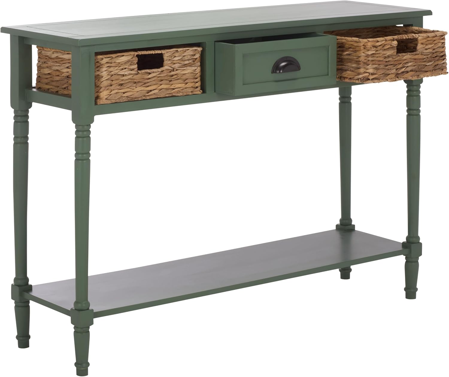 SAFAVIEH Home Collection - Christa Entryway Console Table, Dusty Green Solid Wood 3-Drawer Storage Sofa Table with Rattan Baskets (AMH5737J)