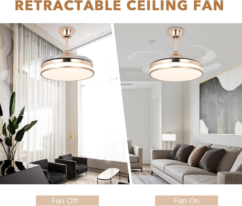 STERREN Retractable Gold Ceiling Fan with Lights, 42 inch Modern Low Profile Bladeless LED Ceiling Fan for Bedroom Living Room