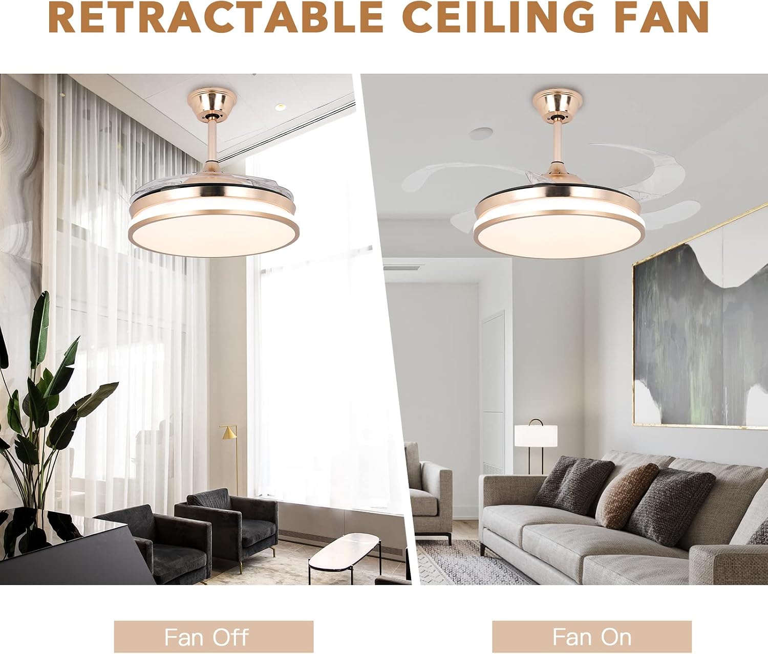 STERREN Retractable Gold Ceiling Fan with Lights, 42 inch Modern Low Profile Bladeless LED Ceiling Fan for Bedroom Living Room