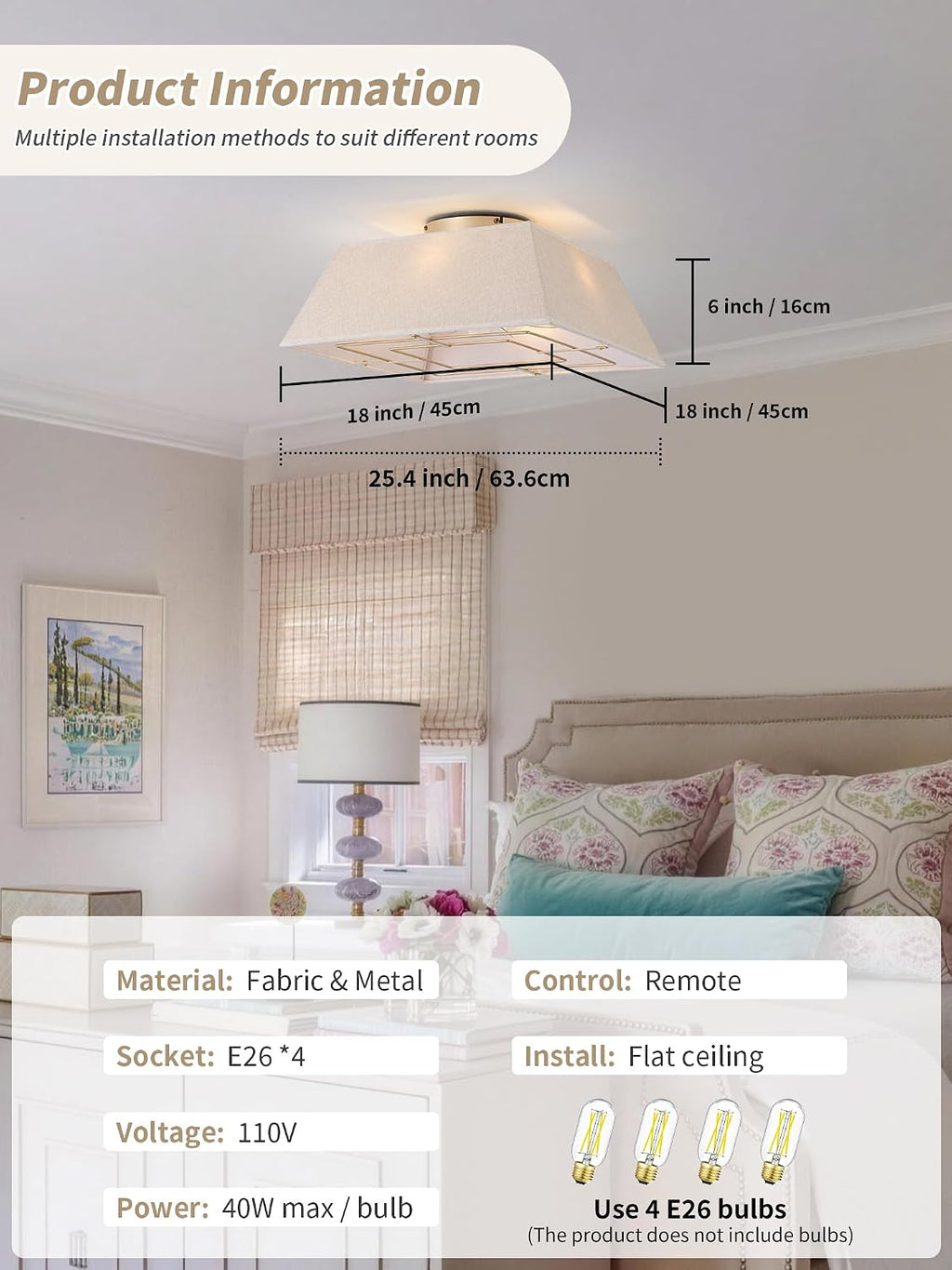 20' Boho Ceiling Fans with Lights Flush Mount, Bladeless Ceiling Fan with Light Remote Control, Square with 6 Speeds for Bedroom, Living Room, Nursery (Yellow)
