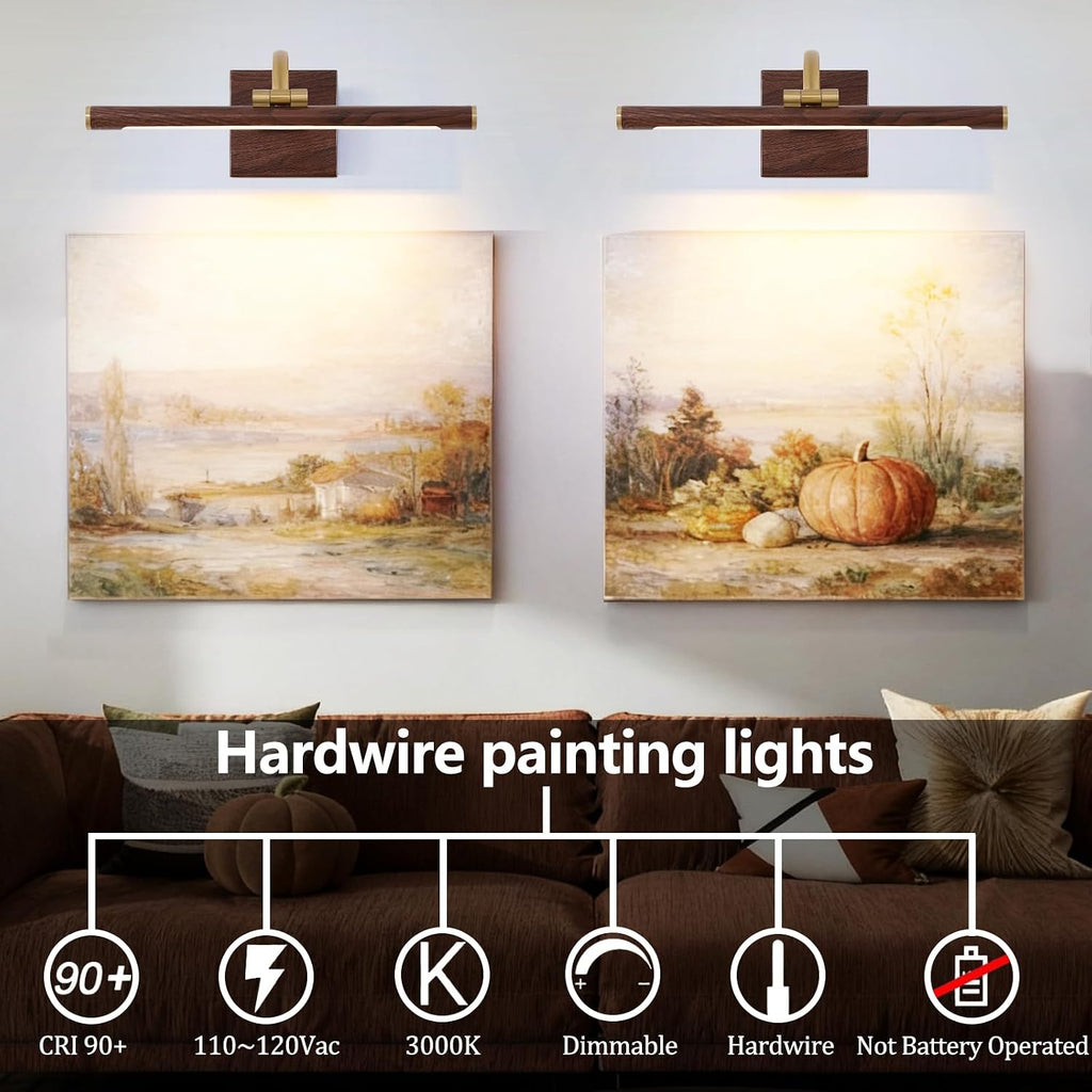 2 Pack Brass & Wood Wall Mount LED Picture Light, Hard Wired Dimmable Swing Arm Art Gallery Lamp 2700K Warm White Home Art Painting Decor Light