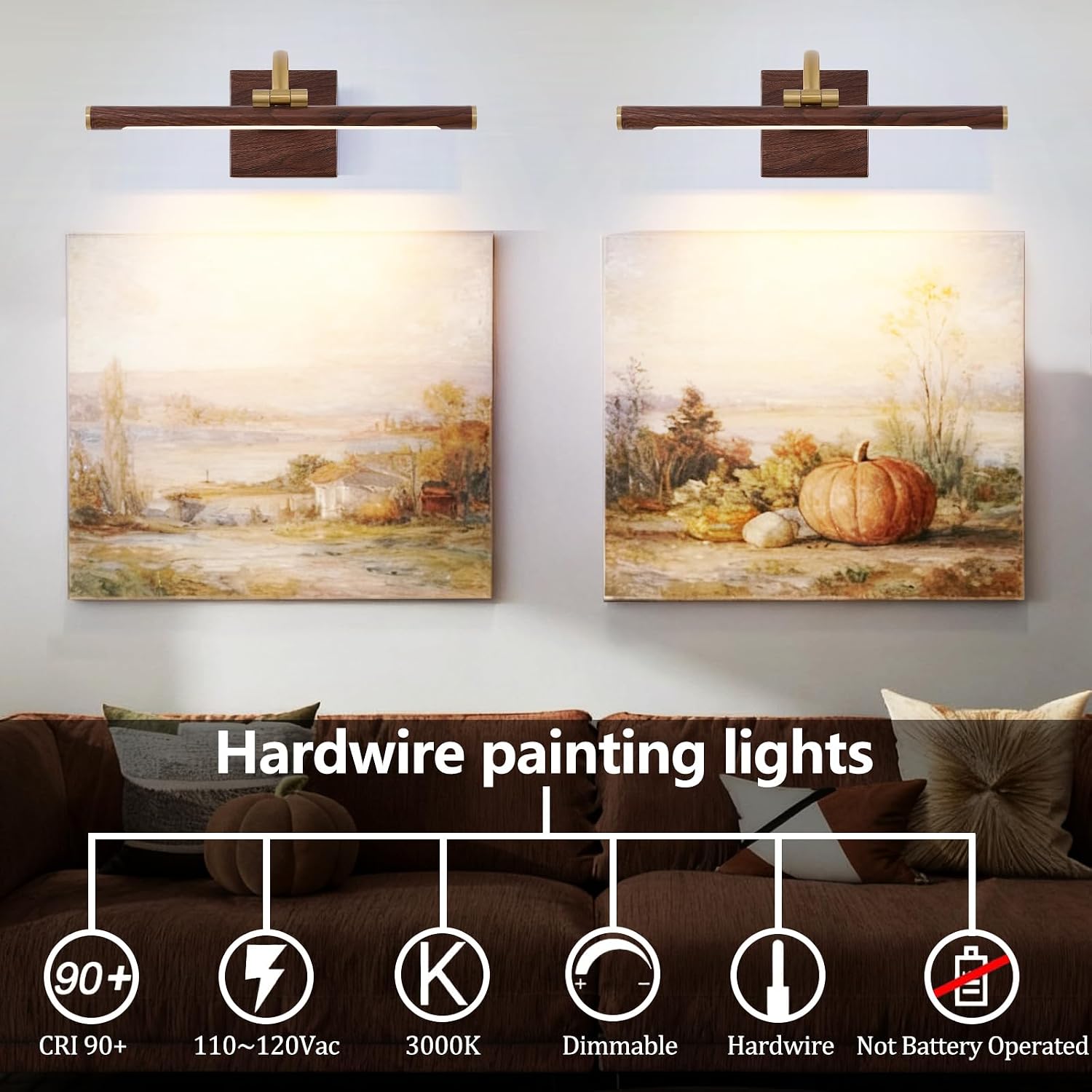 2 Pack Brass & Wood Wall Mount LED Picture Light, Hard Wired Dimmable Swing Arm Art Gallery Lamp 2700K Warm White Home Art Painting Decor Light
