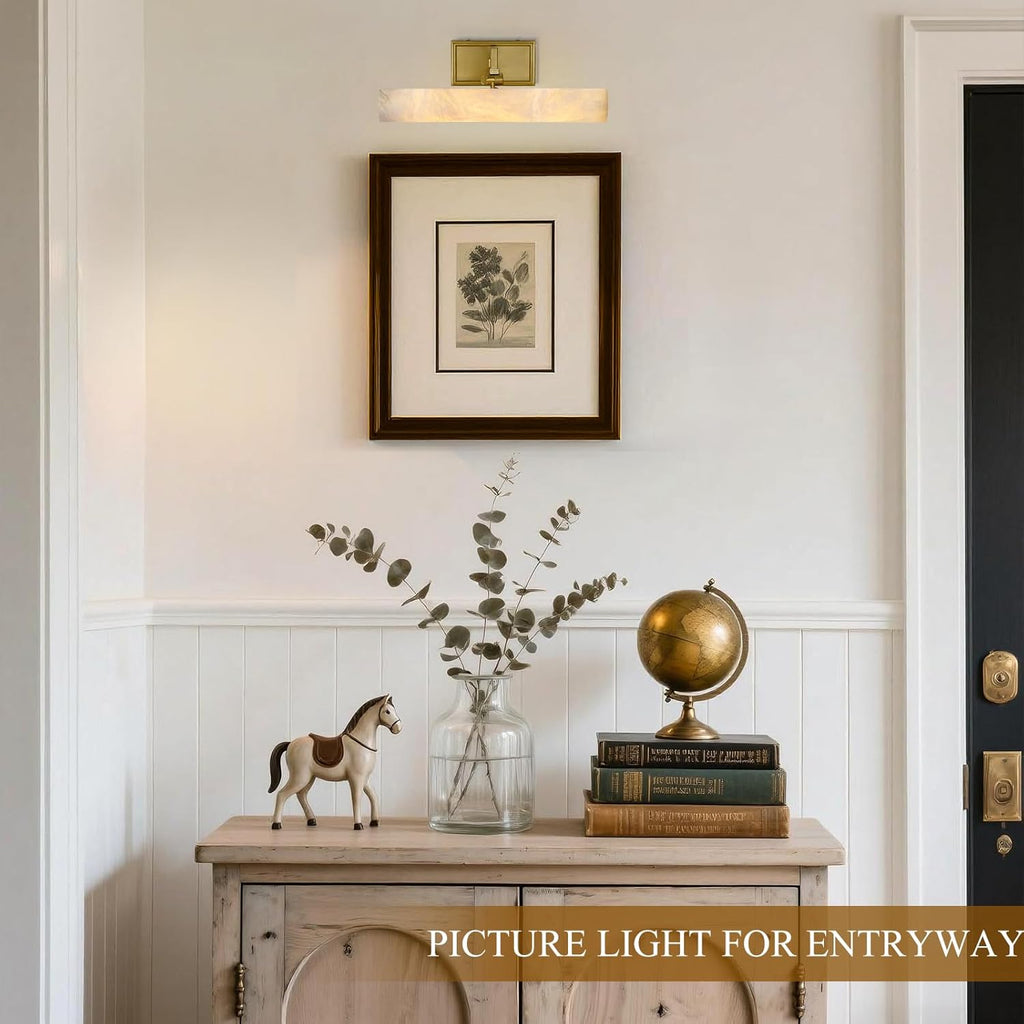 12in Alabaster Picture Light for Wall Art, Brushed Gold Art Display Light, Natural Marble Bathroom Vanity Lights, Modern Dimmable Brass Hardwired Picture Frame Light for Paintings, Poster, Library