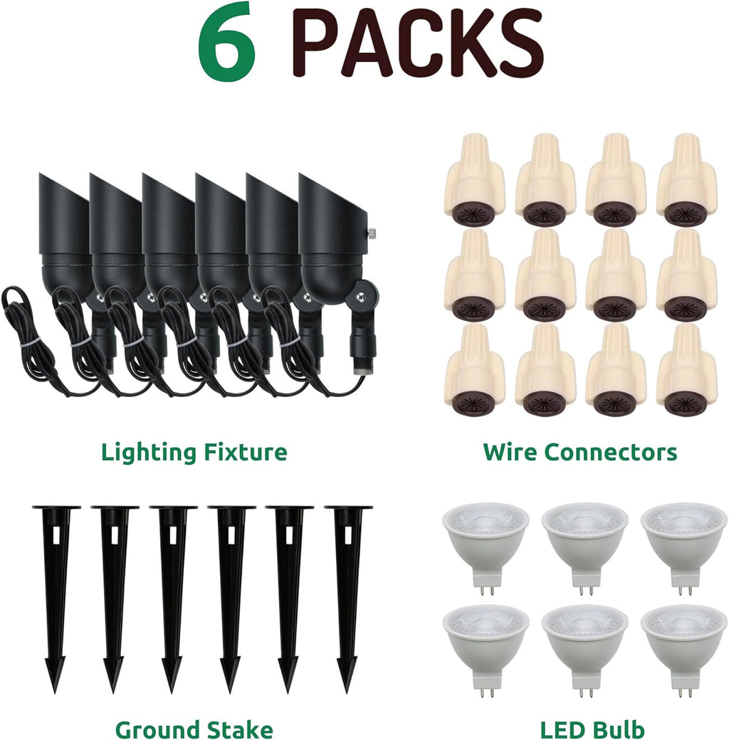 Lumina Lighting® 5W Landscape lighting 12V Landscape Lights Low Voltage Landscape Spotlights Warm White Waterproof Outdoor Replaceable LED Bulb for Garden, Lawn, Porch, Patio and Yard (Black) (6-Pack)