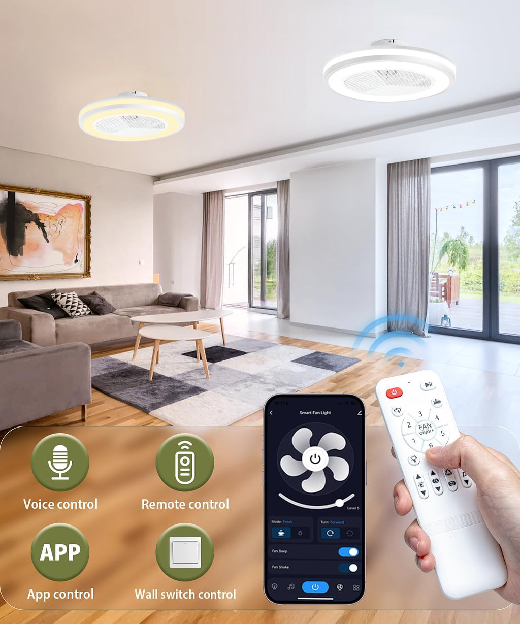 2-in-1 Low Profile Ceiling Fan with Light, 20.1' Caged Safety Design for Kids - RGB Color, Smart APP/Remote Control, Quiet Flush Mount DC Motor, Triangle, Ideal for Bedroom/Living Room/Kitchen, White