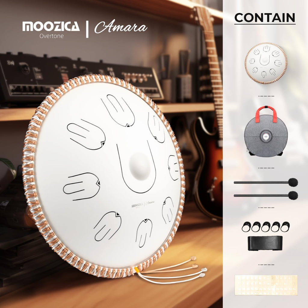 MOOZICA Steel Handpan Tongue Drum, 14 Inches 17 Notes in C Minor with Octave Overtone Design, Handpan Drum Percussion Instrument With Carry Bag (Amara, White)