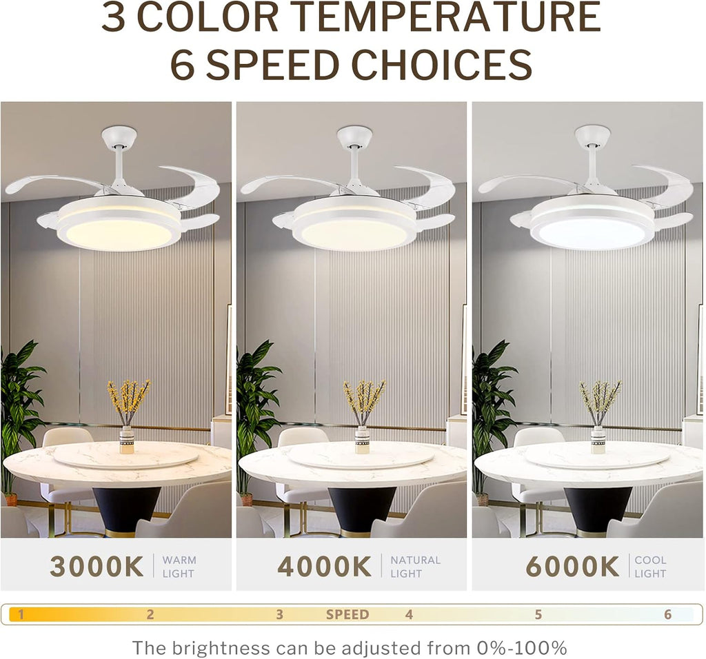 STERREN 42 Inch Retractable Ceiling Fans with Lights,Modern Bladeless LED Ceiling Fan Lights with Remote Control, Smart White Bedroom Ceiling Fan with Light