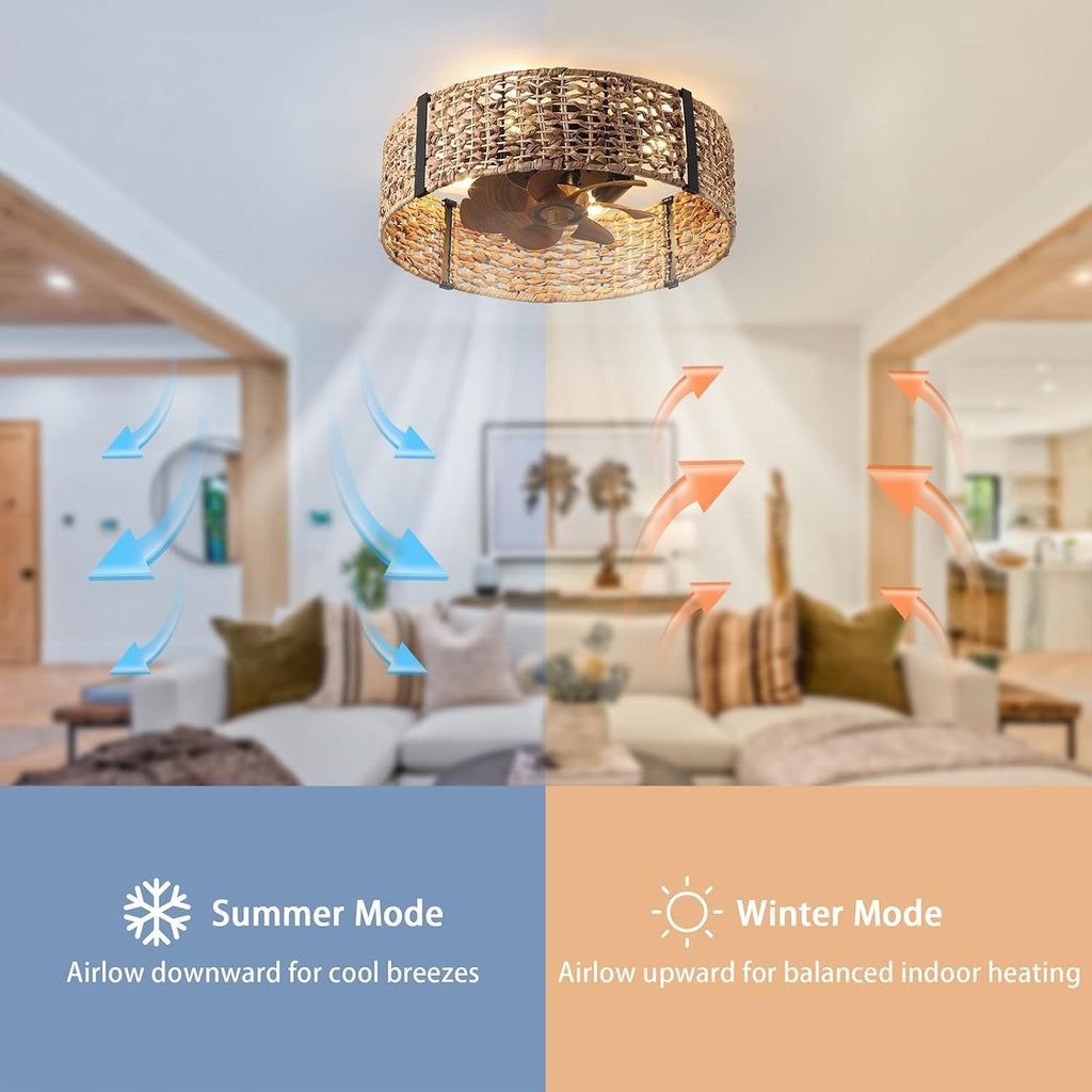 Ganeed 20' Boho Fandelier Ceiling Fan with Light, Rattan Caged Ceiling Fan with Light and Remote Control, Quiet Reversible Motor Enclosed Low Profile 6 Speeds for Bedroom Living Room Porch Kids Room