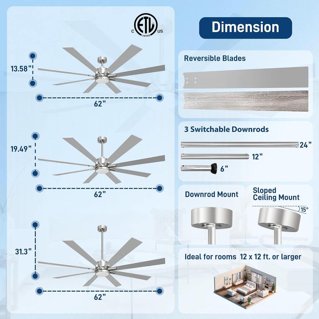 62 Inch Ceiling Fans with Lights and Remote Control, Low Profile & Downrod Mount 8-Blade Modern Nickel Ceiling Fan, 3CCT Dimmable LED Light, Quiet DC Motor for Bedroom Living Room, ETL Listed