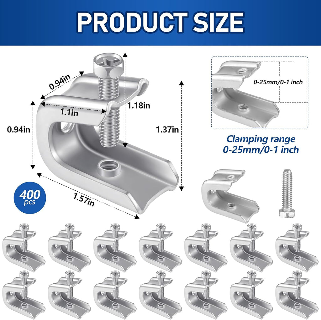 Hicarer 400 Pcs 1/4' x 20 Beam Clamp Heavy Duty Steel, Zinc Plated C-clamp Fastener for I-beams and Strut Channels, Secure Conduit & Pipe Hanging Support