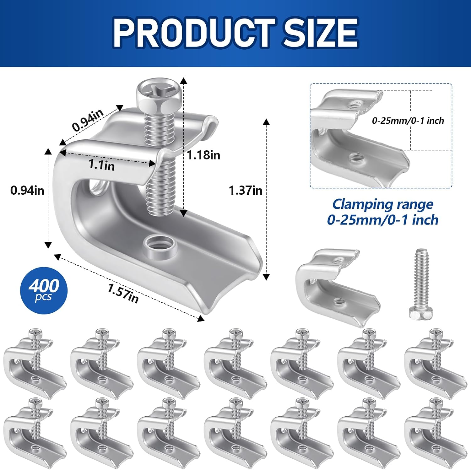Hicarer 400 Pcs 1/4' x 20 Beam Clamp Heavy Duty Steel, Zinc Plated C-clamp Fastener for I-beams and Strut Channels, Secure Conduit & Pipe Hanging Support