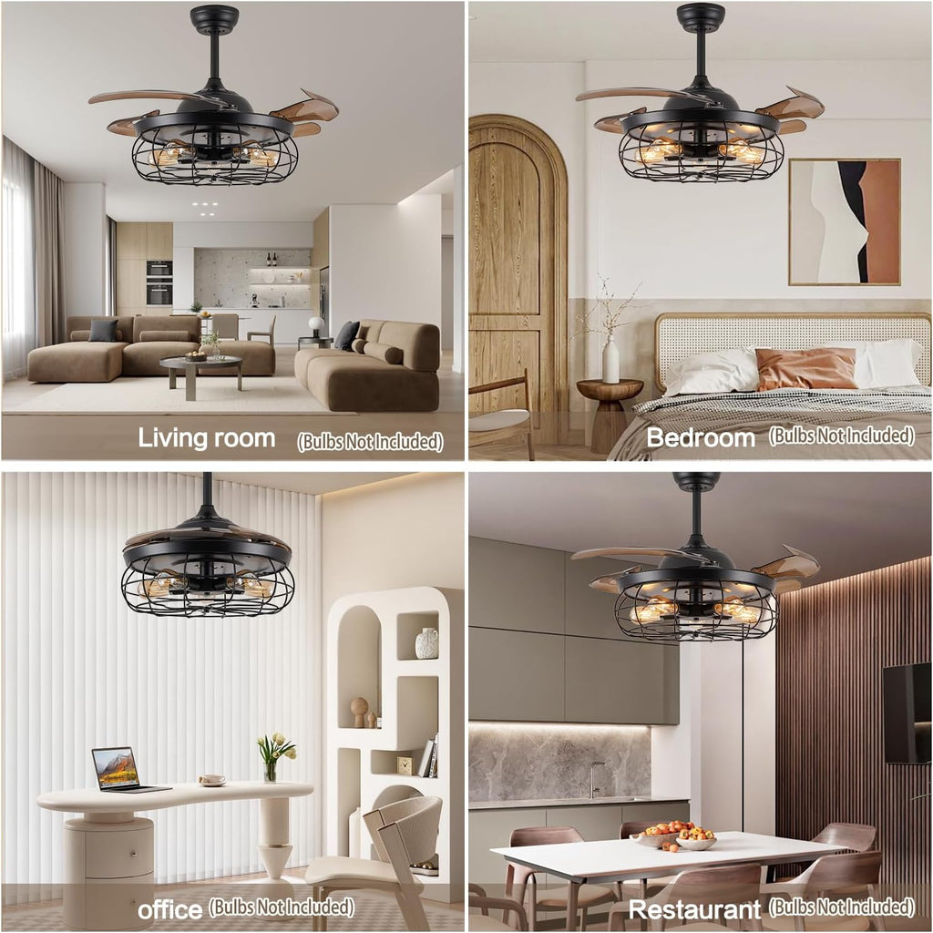DuMaiWay 36' Caged Ceiling Fan, Industrial Retro Ceiling Fans with Remote Controller Vintage Style for Farmhouse/Living Room/Bedroom/Restaurant 5 Lights 3 Fan Blades Black