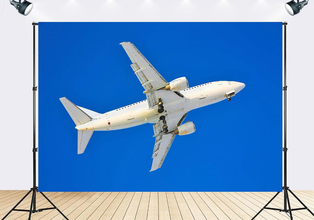 Trykid 20x10ft White Commercial Airplane Backdrop Clear Blue Sky Landing Gear Down Photography Background Home Wall Decor Travel Theme Party Decoration Photo Booth Prop Fabric