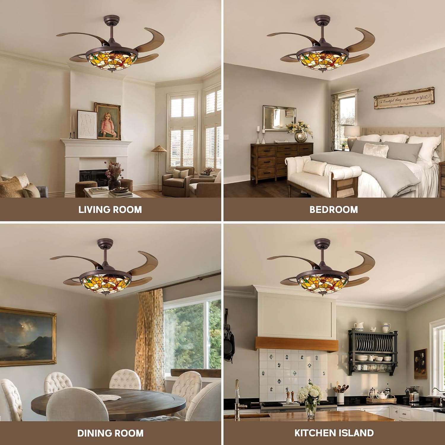 48' Tiffany Ceiling Fan with Light Colorful Fandelier Vintage Chandelier Fan 48 Inch Stained Glass Ceiling Fan Retractable Blades Vintage Fandelier with Tiffany Light for Bedroom Living Room