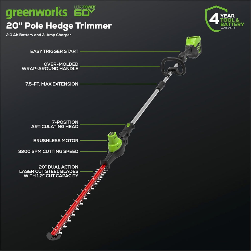 Greenworks 60V 20' Brushless Cordless Battery Powered Pole Hedge Trimmer, 2.0Ah Battery and Charger Included
