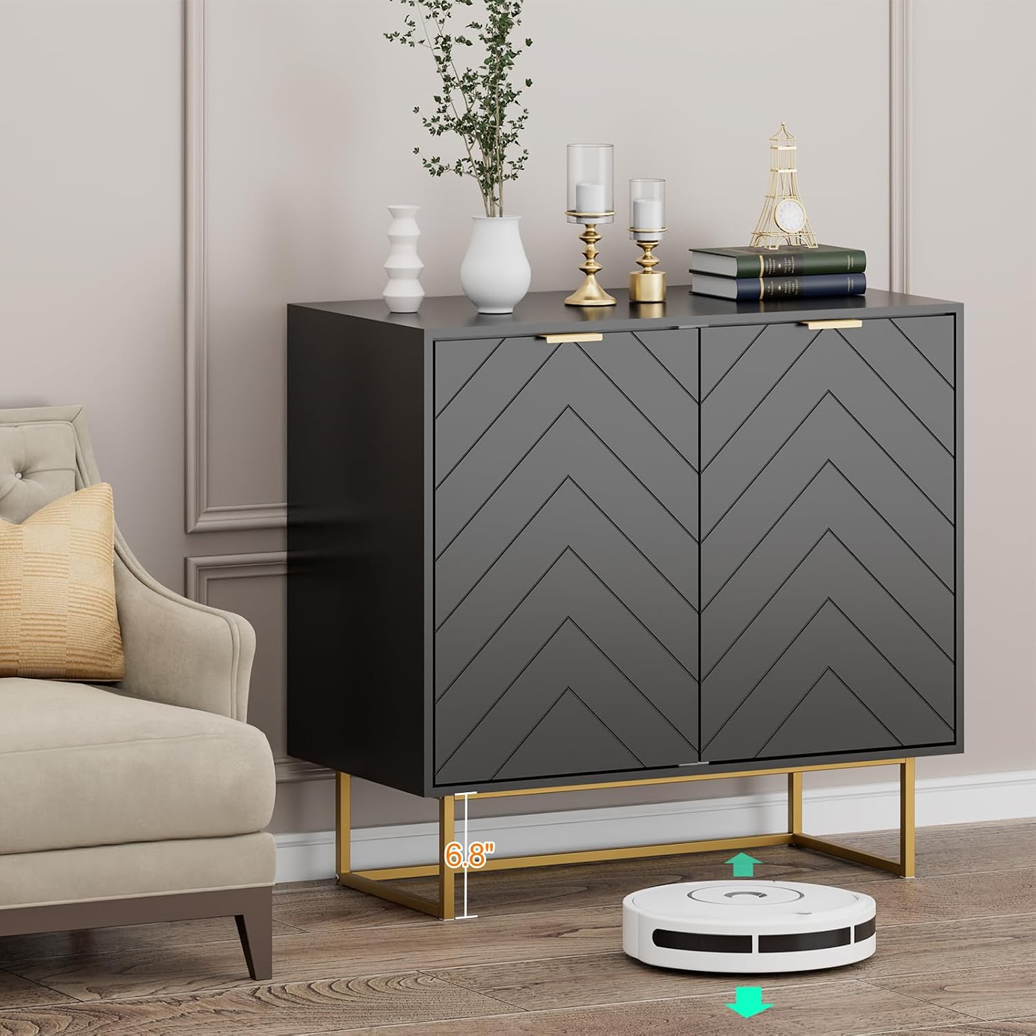 Scurrty Sideboard Buffet, Buffet Cabinet with Storage Set of 2, Sideboard Storage with Adjustable Shelf, Accient Cabinet for Living Room, Kitchen, Black