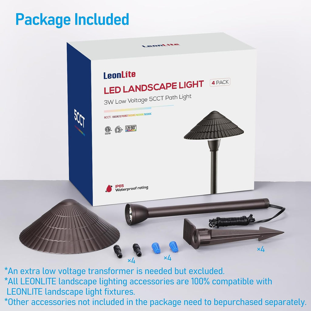 LEONLITE 12-Pack 5CCT LED Low Voltage Landscape Lights, 3W Cast-Aluminum 12-24V Pathway Lights, 1800K-5000K IP65 Path Lights, ETL Listed Landscape Lighting Wired for Yard Lawn, Oil Rubbed Bronze