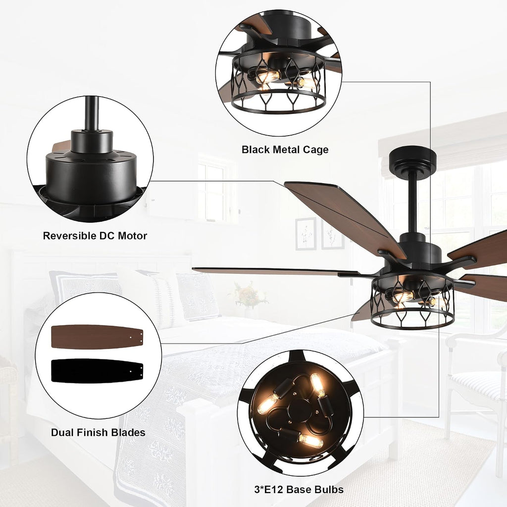 52 Inch Farmhouse Ceiling Fan with Lights Rustic Ceiling Fan Industrial Caged Black Fandelier Chandelier Light for Living Room Indoor Outdoor, Remote Control, Reversible 6 Speeds