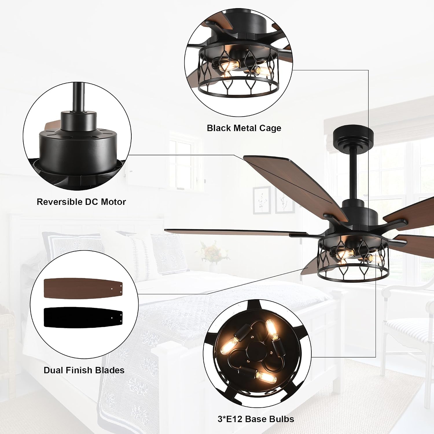 52 Inch Farmhouse Ceiling Fan with Lights Rustic Ceiling Fan Industrial Caged Black Fandelier Chandelier Light for Living Room Indoor Outdoor, Remote Control, Reversible 6 Speeds