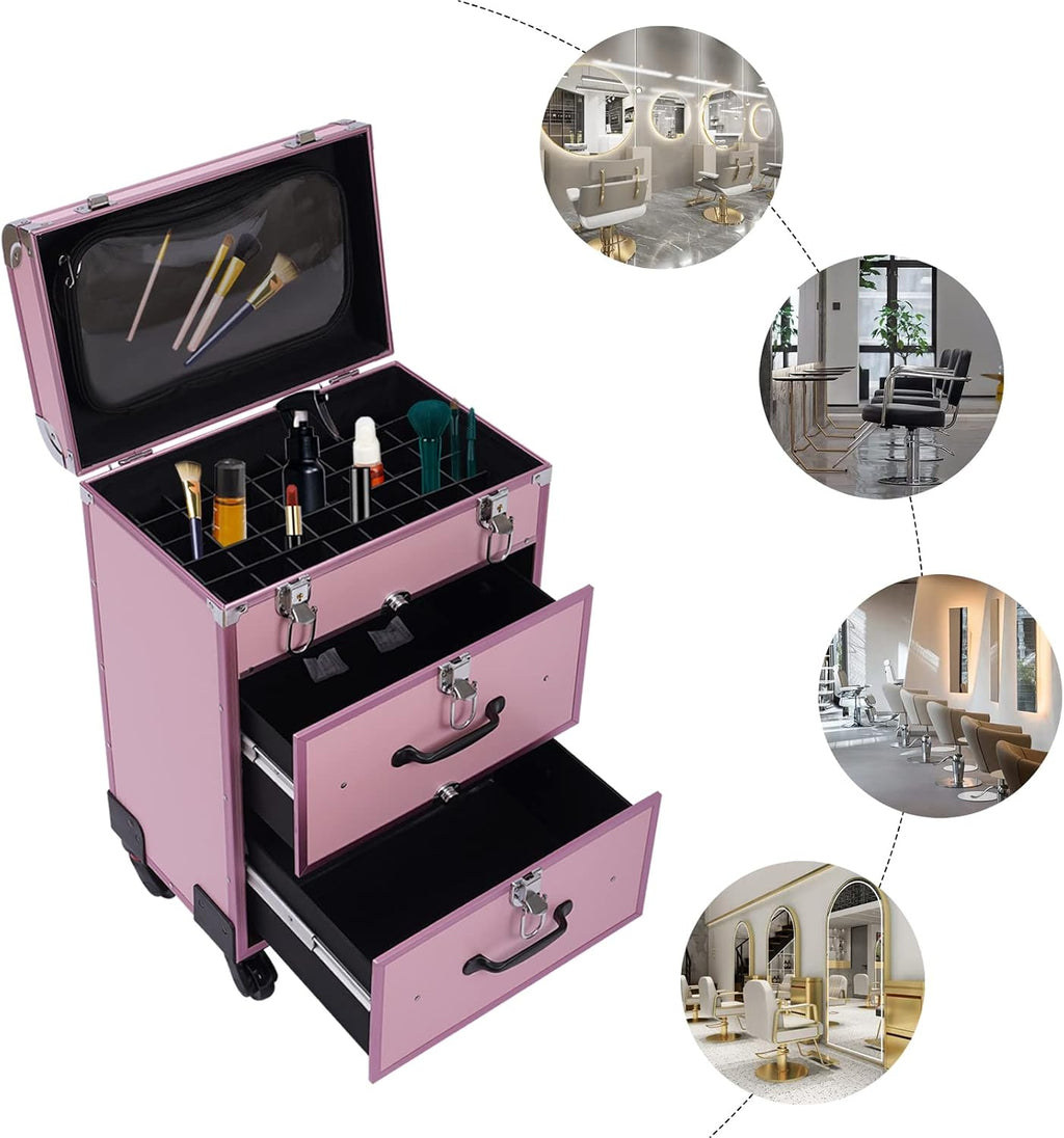 Professional Rolling Makeup Case Train Case Cosmetic Organizer Trolley Lockable Rolling Make-ups Case Storage Cart Makeup Train Case Cosmetology Case On Wheels (Pink|3 trays|Type B)