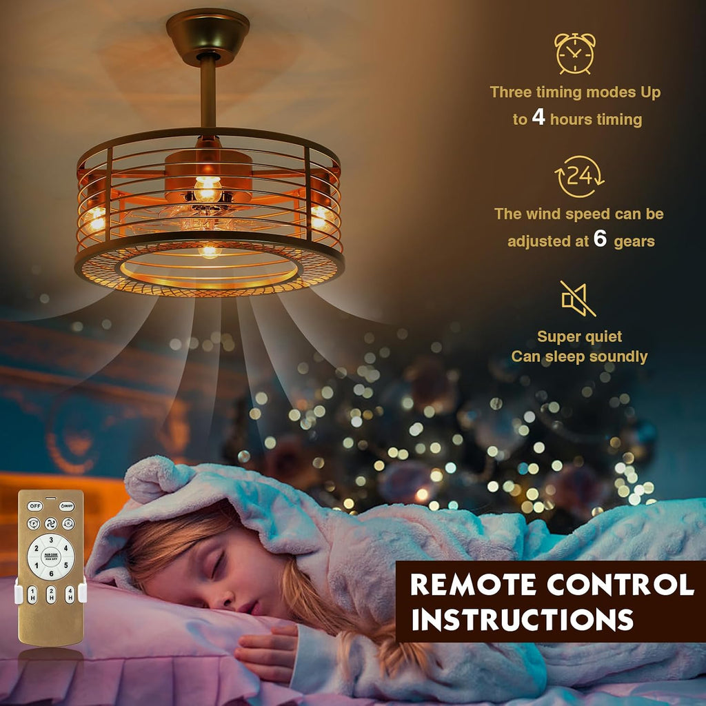 Caged Ceiling Fan with Light, Gold Fandelier Ceiling Fan and Remote Control - Reversible Motor, 6-Speed Wind, 18 Inch for Bedroom and Kitchen