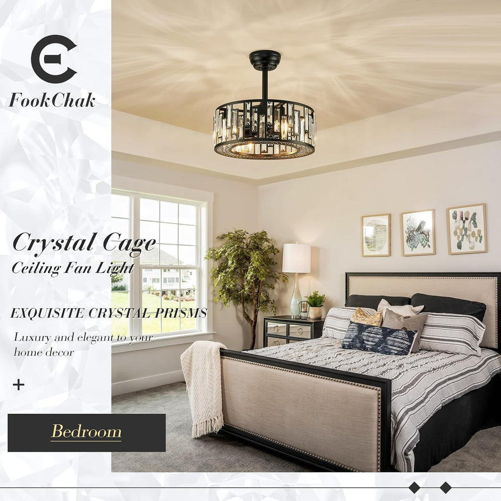 Crystal Caged Ceiling Fan Light Modern Black Fandelier with Remote Control Bladeless Ceiling Fan Lighting for Bedroom Dining Room Kitchen Living Room