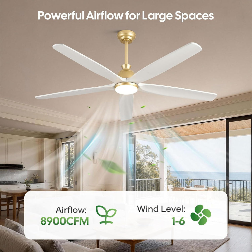 60 Inch Outdoor Ceiling Fan with Lights and Remote, Modern Farmhouse Gold Brass Ceiling Fans, 5 White Solid Wood Blades, Quiet DC Motor, High CFM Airflow, Damp Rated for Patio Porch Large Room Indoor