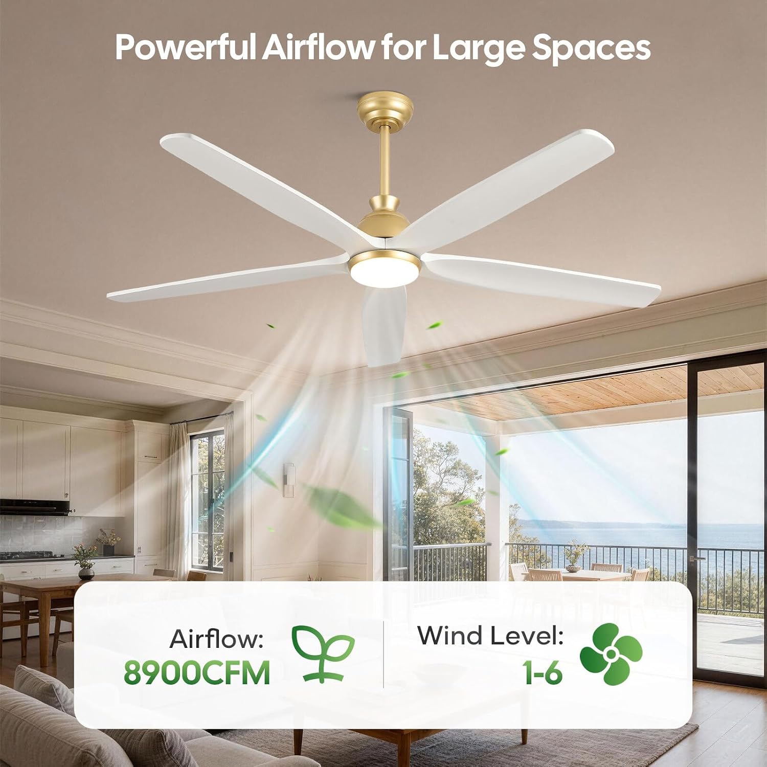 60 Inch Outdoor Ceiling Fan with Lights and Remote, Modern Farmhouse Gold Brass Ceiling Fans, 5 White Solid Wood Blades, Quiet DC Motor, High CFM Airflow, Damp Rated for Patio Porch Large Room Indoor