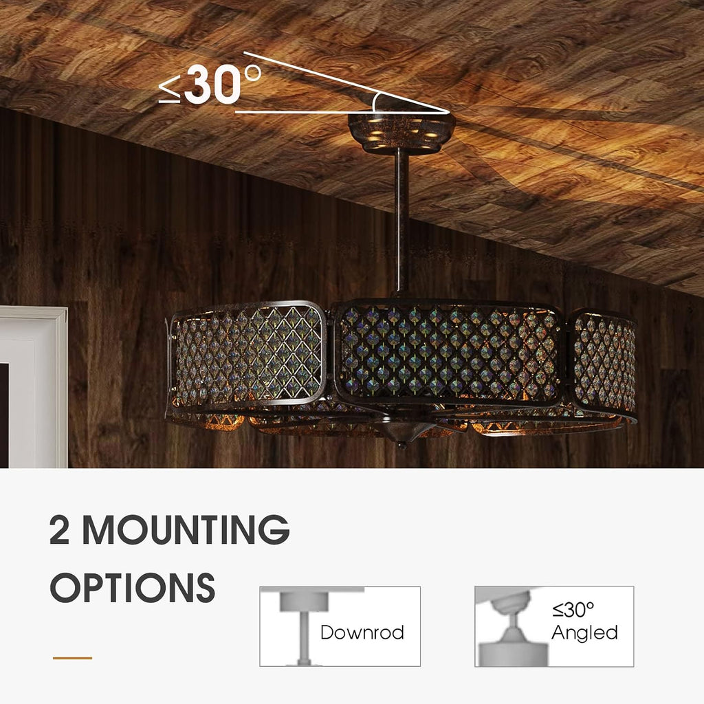 Tangkula Caged Ceiling Fan with Light, 30 Inch Crystal Ceiling Fan with 6 Light Bases, 3 Fan Blades & Remote Control, 6 Speeds, Reversible DC Motor, Timing Function, 6 x E12 Base (Coffee)
