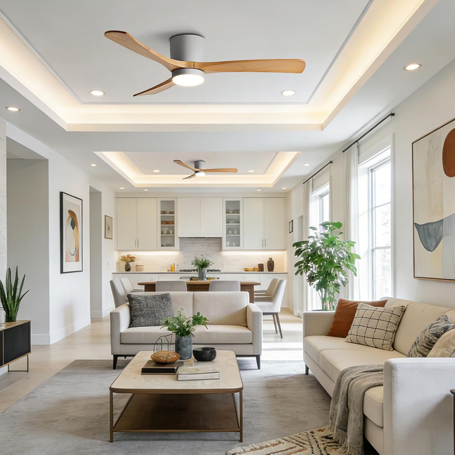 56in Quiet Ceiling Fans with Lights Modern Remote Ceiling Fan Light 6 Gear Wind Speed Ceiling Fans Grey 28W LED Ceiling Lights Wooden Blades for Living Room Dining Room Bedroom